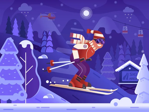 Free Ride Esquí Hombre en las montañas de invierno — Archivo Imágenes Vectoriales