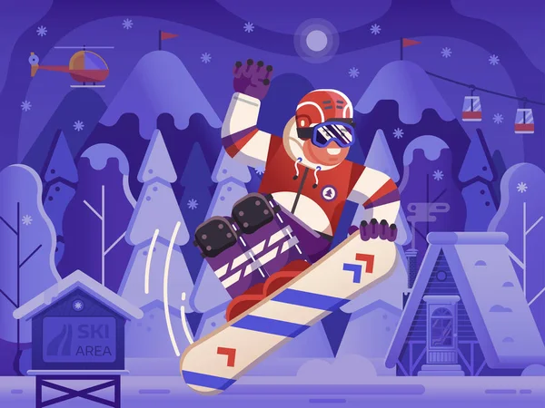 Szczęśliwy Freestyle Snowboarder Man Jump on Mountains — Wektor stockowy