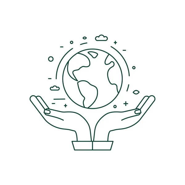 Hands Holding Planet Earth Icon in Line Art — Stock Vector