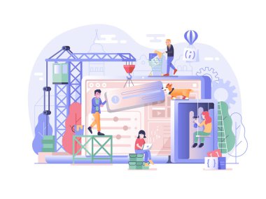 Website development process. Web developer team and dog working on interface construction. Landing page design process with programmer people coding and developing. Maintenance page concept. clipart svg vector 