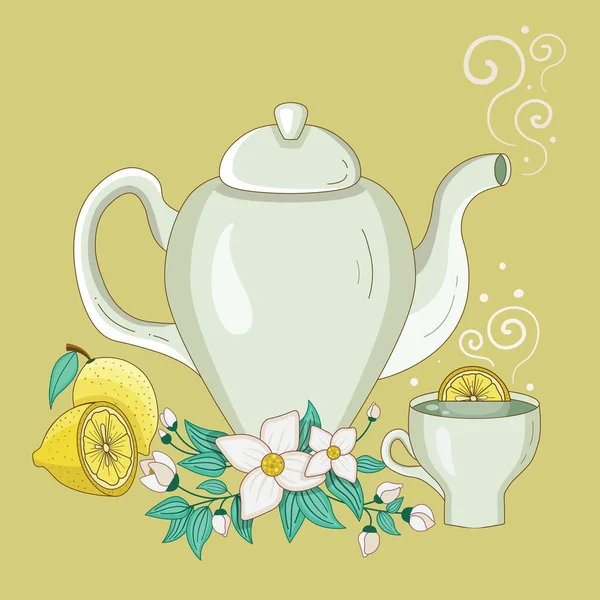 Tetera y taza de té de jazmín con limón — Vector de stock