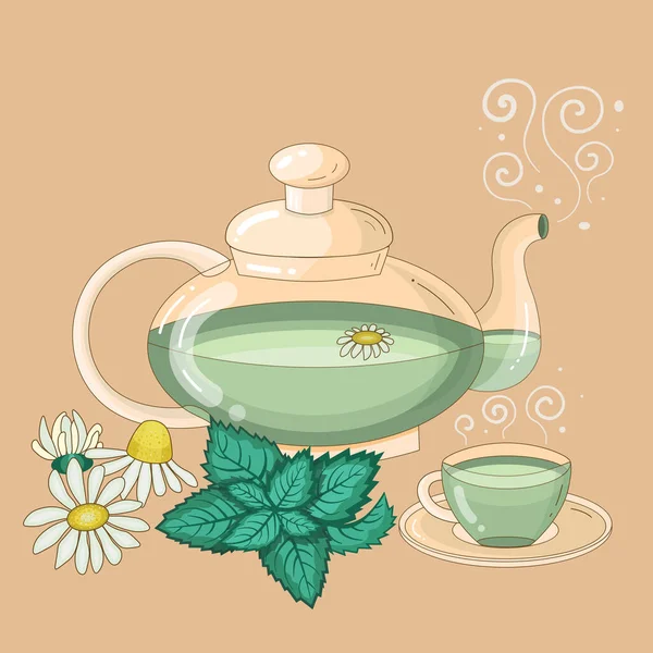 Tetera y taza de té de menta y manzanilla — Vector de stock