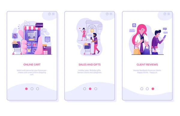 Online Shopping Mobile App Onboarding Screens in Flat — 스톡 벡터
