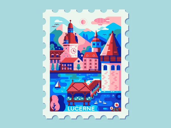 Alps Mountains Town Lucerne Vintage Travel Mark — Stok Vektör