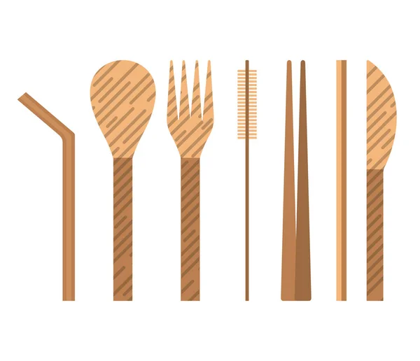 Bamboo or Wooden Reusable Utensils Icons Set — Stockvektor