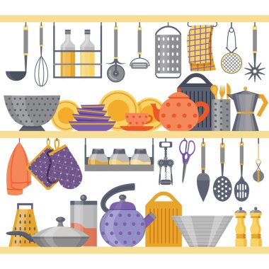 Flat Kitchen Shelves with Utensils and Kitchenware