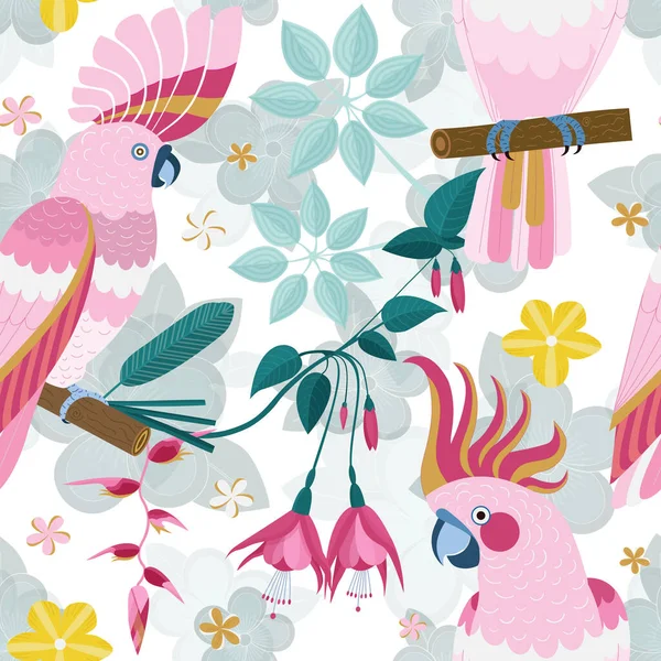 Platte roze papegaaien en exotische bloemen patroon — Stockvector
