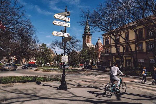 Bicyclist in Subotica Historical Center — Stock Photo, Image