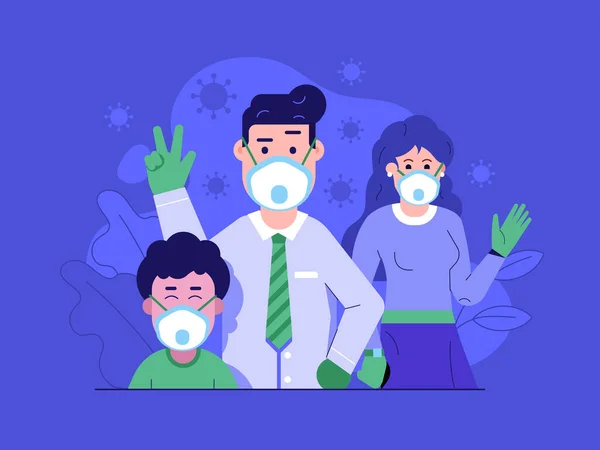 Familia con máscaras Prevención de virus Concepto plano — Vector de stock