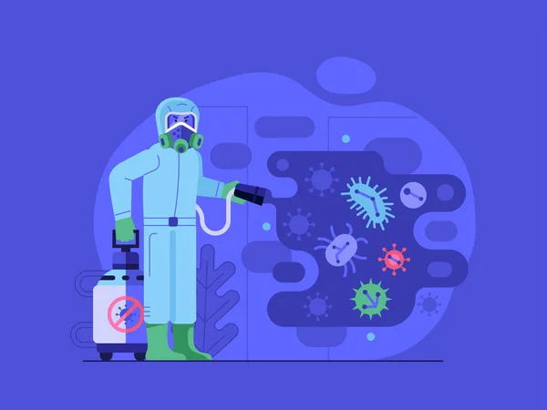 Kostümdeki Dezenfeksiyon İşçisi Virüs Üzerine Kimyasallar Spretti — Stok Vektör