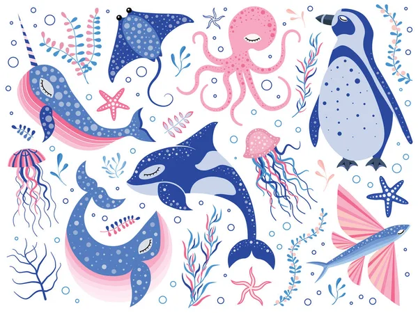 Conto de fadas Oceano Norte Animais Desenhos animados Set —  Vetores de Stock