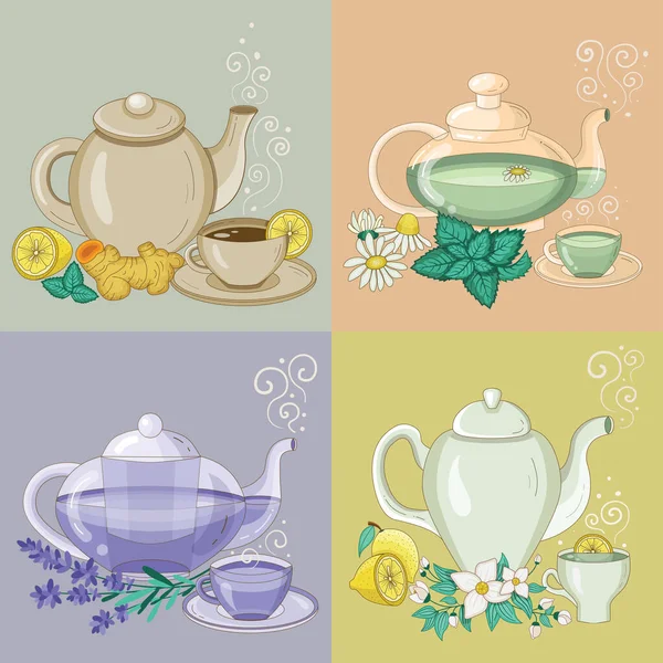 Different Herbal Tea in Cups and Teapots — Stock Vector