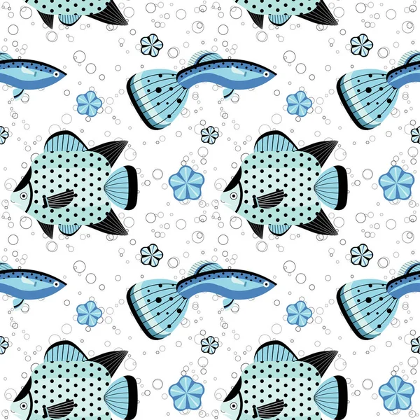 Blaue Aquarienfische Nahtloses Muster in Flach — Stockvektor