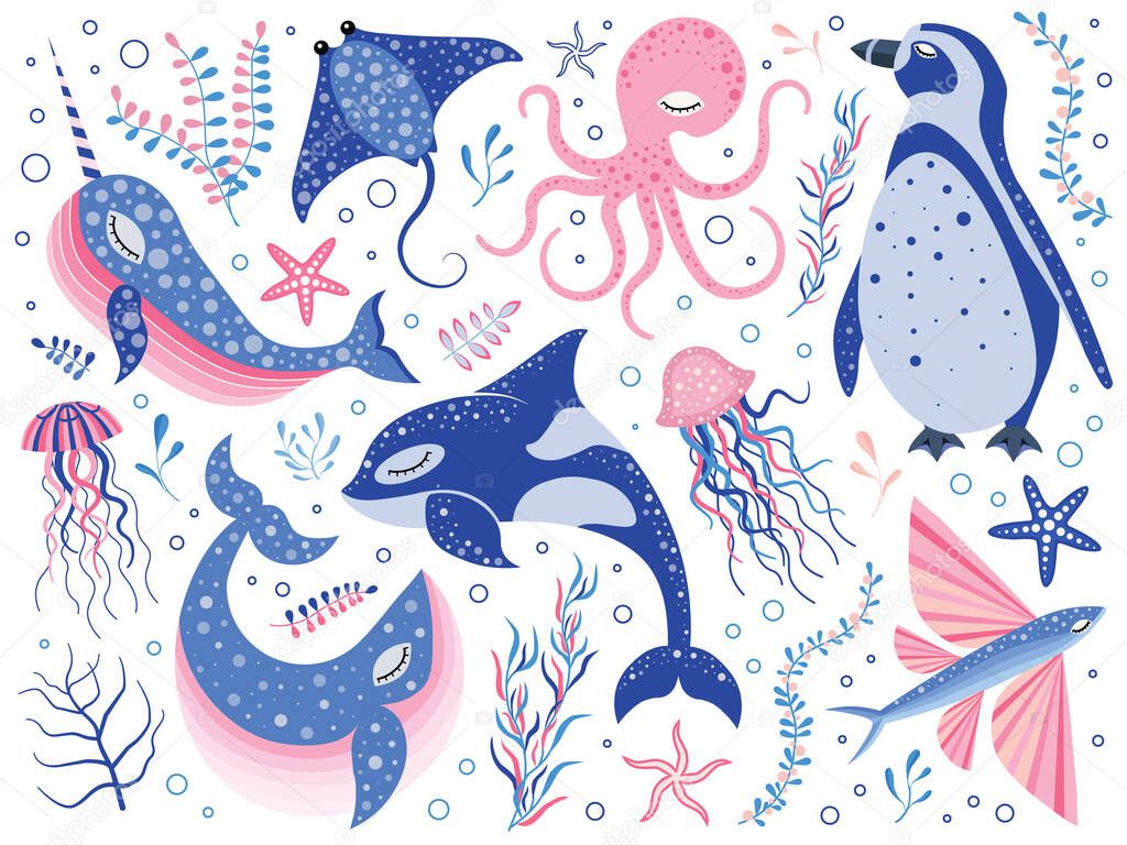 Fairy Tale Northern Ocean Animals Cartoon Set