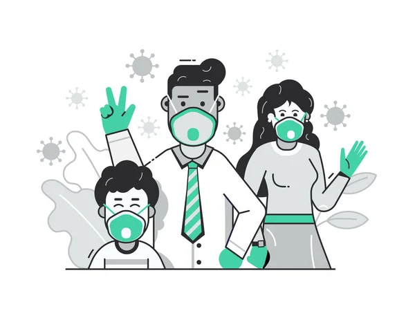 Famille avec masques pour le visage Virus Prevention Flat Concept — Image vectorielle