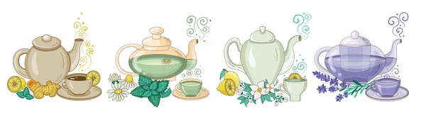 Chá de ervas orgânicas em copos e bules — Vetor de Stock