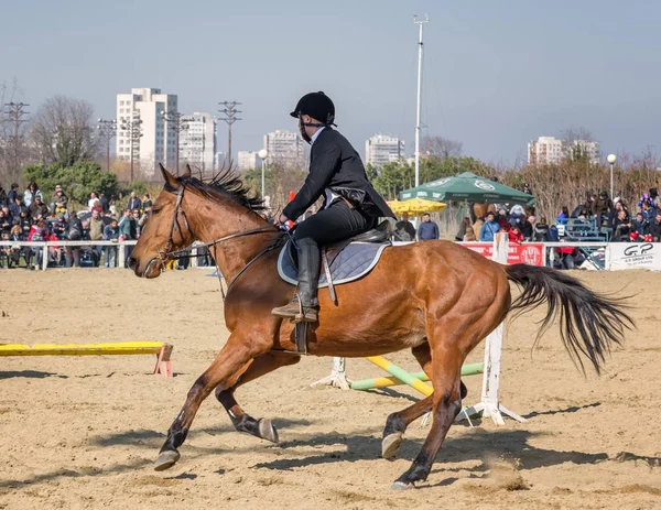 BURGAS, BULGARIA - 4 de marzo de 2017: Acción de los jinetes en la carrera de caballos — Foto de Stock