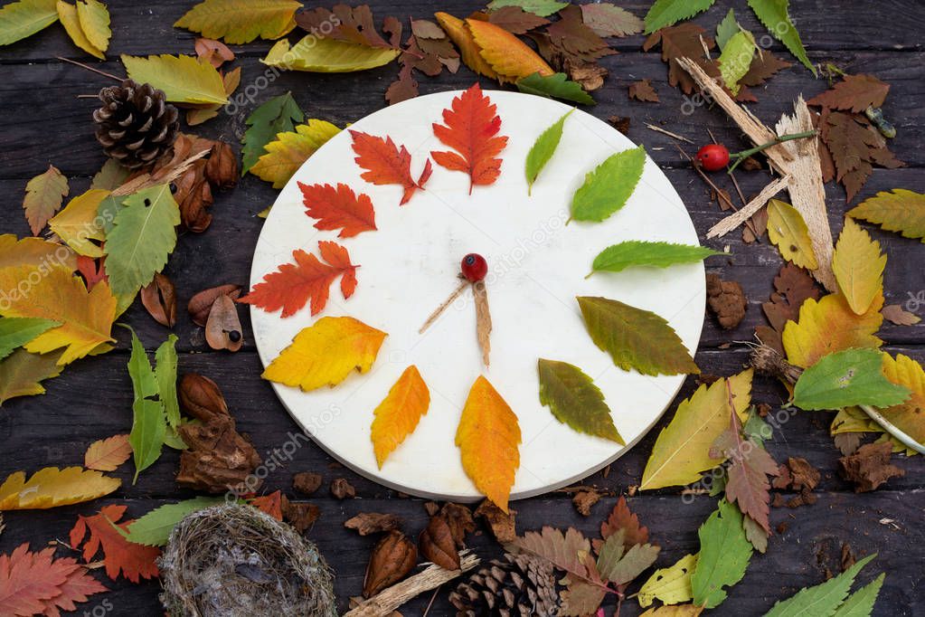 wooden clock with autumn leaves on a dark wooden background