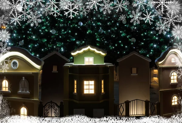 Pequenas casas debaixo da árvore de Natal. Decoração de Natal — Fotografia de Stock