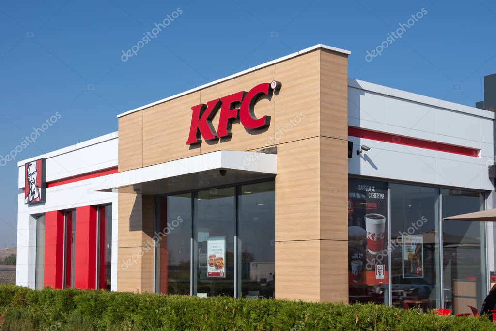 BULGARIA, BURGAS - AUGUST 8 2019: KFC fast food restaurant. Kentucky Fried Chicken (KFC) is the world's second largest restaurant chain with almost 20,000 locations globally.