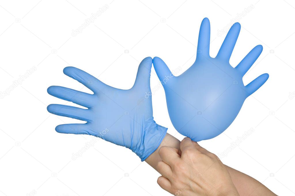 Lymphedema: Symptoms, treatments, and causes concept - Hand putting on blue glove, isolated on white background