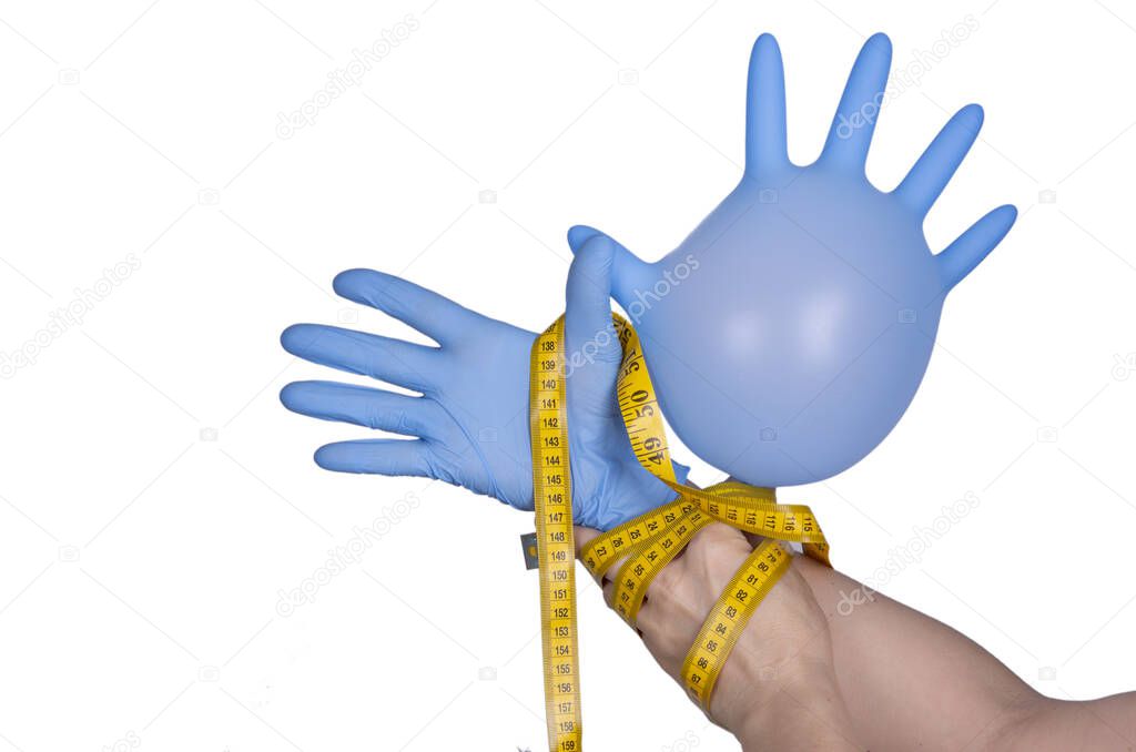 Lymphedema: Symptoms, treatments, and causes concept - Hand putting on blue glove, isolated on white background