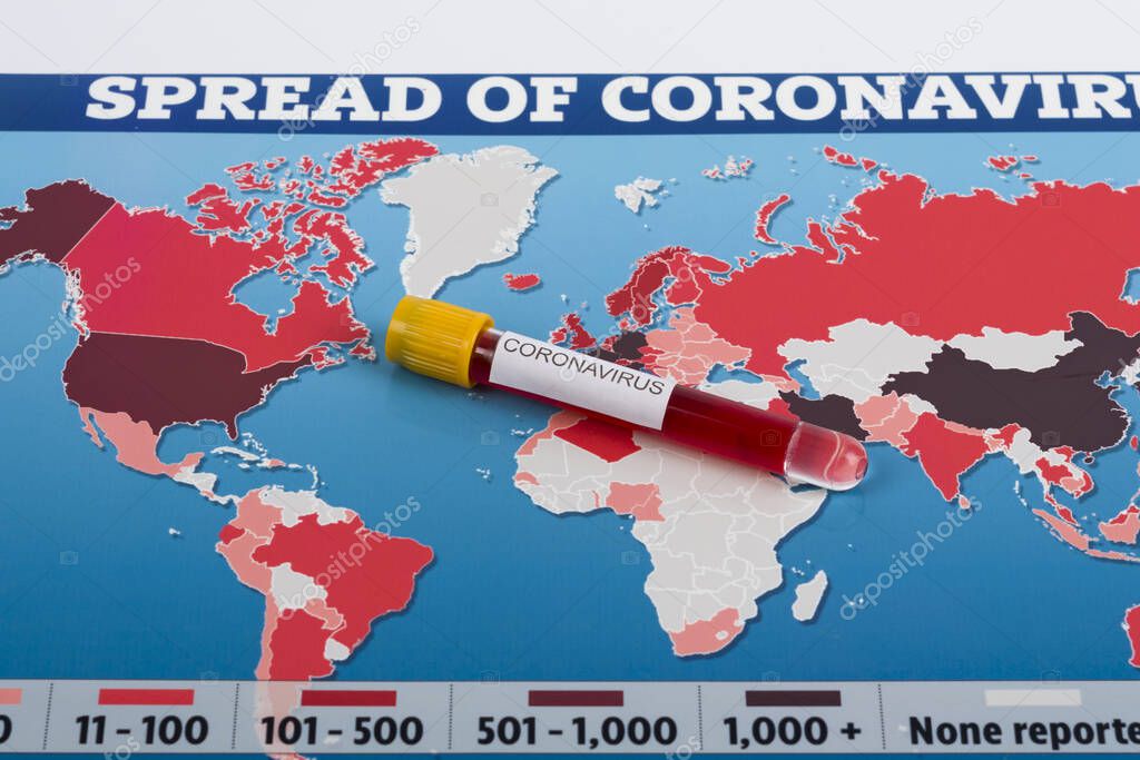 World map of Coronavirus and blood sample. Countries with Covid-19, Covid 19 map confirmed cases report worldwide globally. Border control and quarantine of tourists infected with coronavirus.