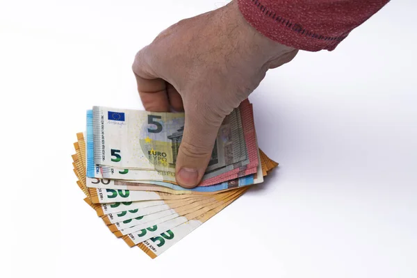 Menschenhände Die Fünf Zehn Zwanzig Und Euro Scheine Betrachten Den — Stockfoto