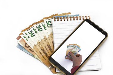 Mobil Akıllı telefon ve euro nakit, dijital para ve fintech konsepti