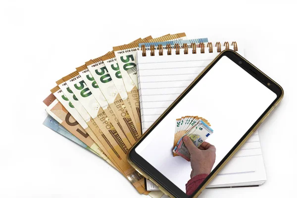 Mobil Akıllı telefon ve euro nakit, dijital para ve fintech konsepti
