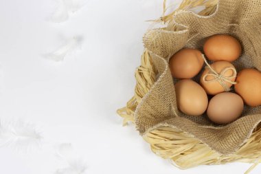 Beyaz tüylü saman yuvasında çiğ tavuk yumurtası. Beyaz arkaplan ve boşluğu kopyala. Paskalya konsepti. Çiftlik ürünleri, doğal yumurtalar..