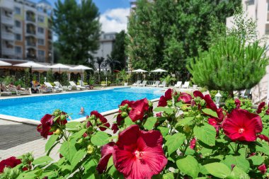 Bulgaristan 'ın Sunny Beach kenti - 05.05.2020: Bulgaristan' ın Karadeniz kıyısındaki en büyük turizm beldesinde yaz mevsimi boyunca sahil kenarındaki şık, rahat ve rahat otel Whit havuzu