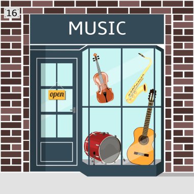 Kahverengi tuğla cephe bina müzik dükkanı s.