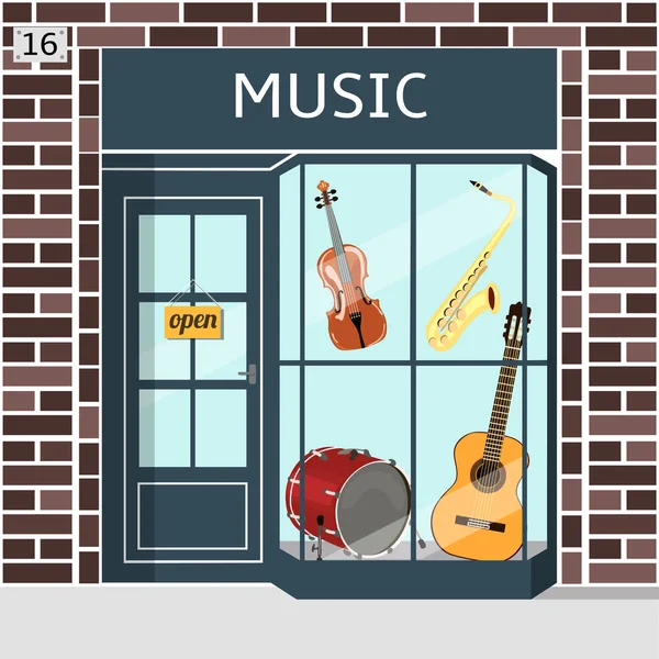 Tienda de música s edificio fachada de ladrillo marrón . — Vector de stock