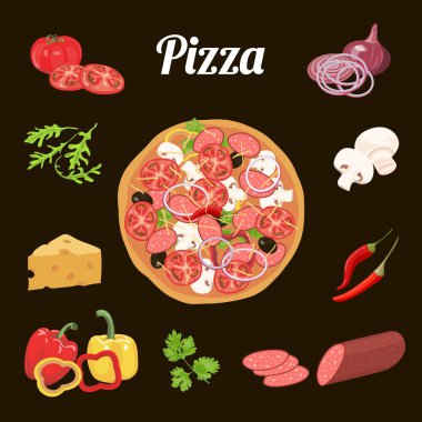 Pizza ve malzemeler. Sebze, salam, peynir, otlar