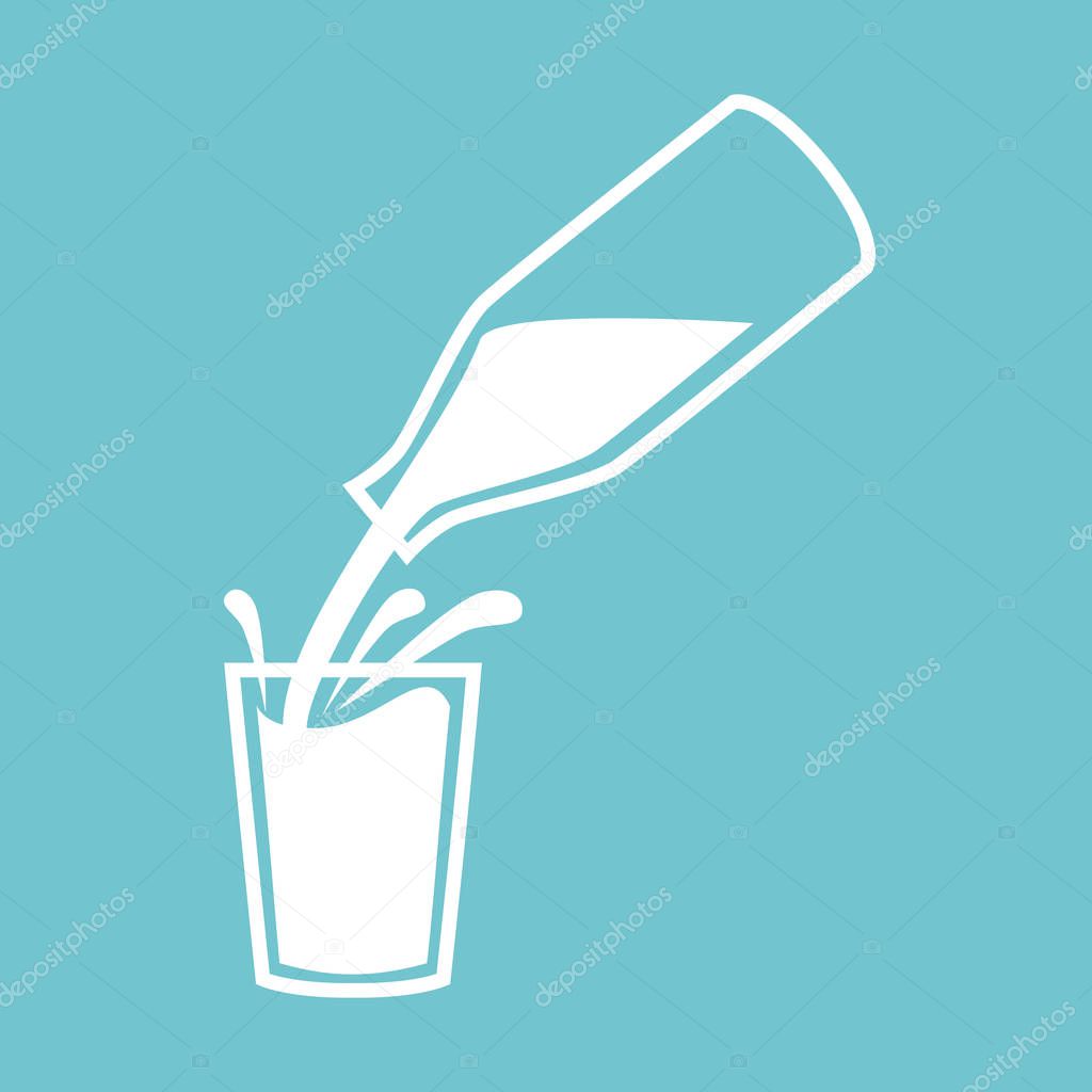 Natural milk symbol or logo. Milk pouring from a bottle with splashes in glass. Concept idea for business. Vector illustration.