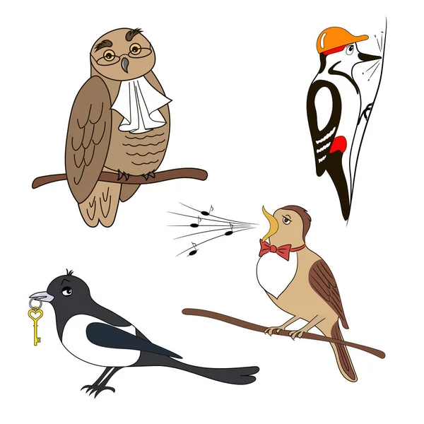 Conjunto de pájaros de dibujos animados. Búho, pájaro carpintero urraca ruiseñor — Vector de stock