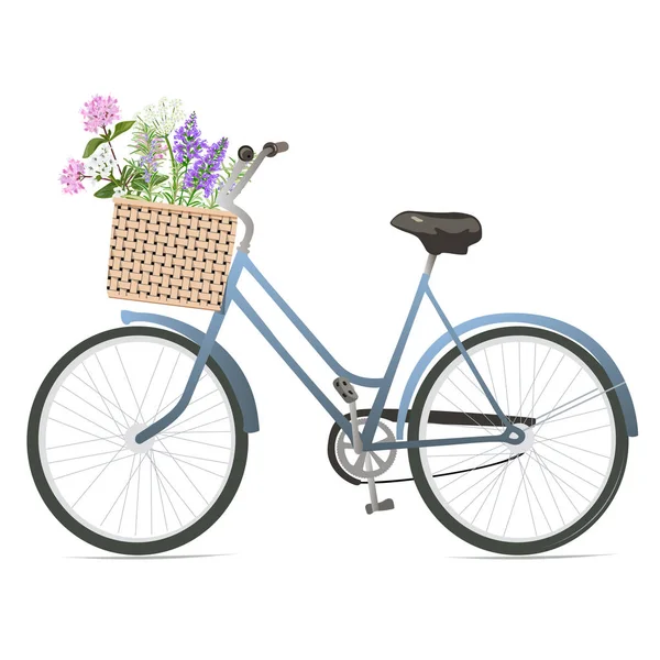 Bicicleta com flores na cesta . — Vetor de Stock