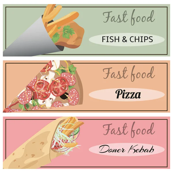 Patatine, pizza, pesce e kebab del doner — Vettoriale Stock