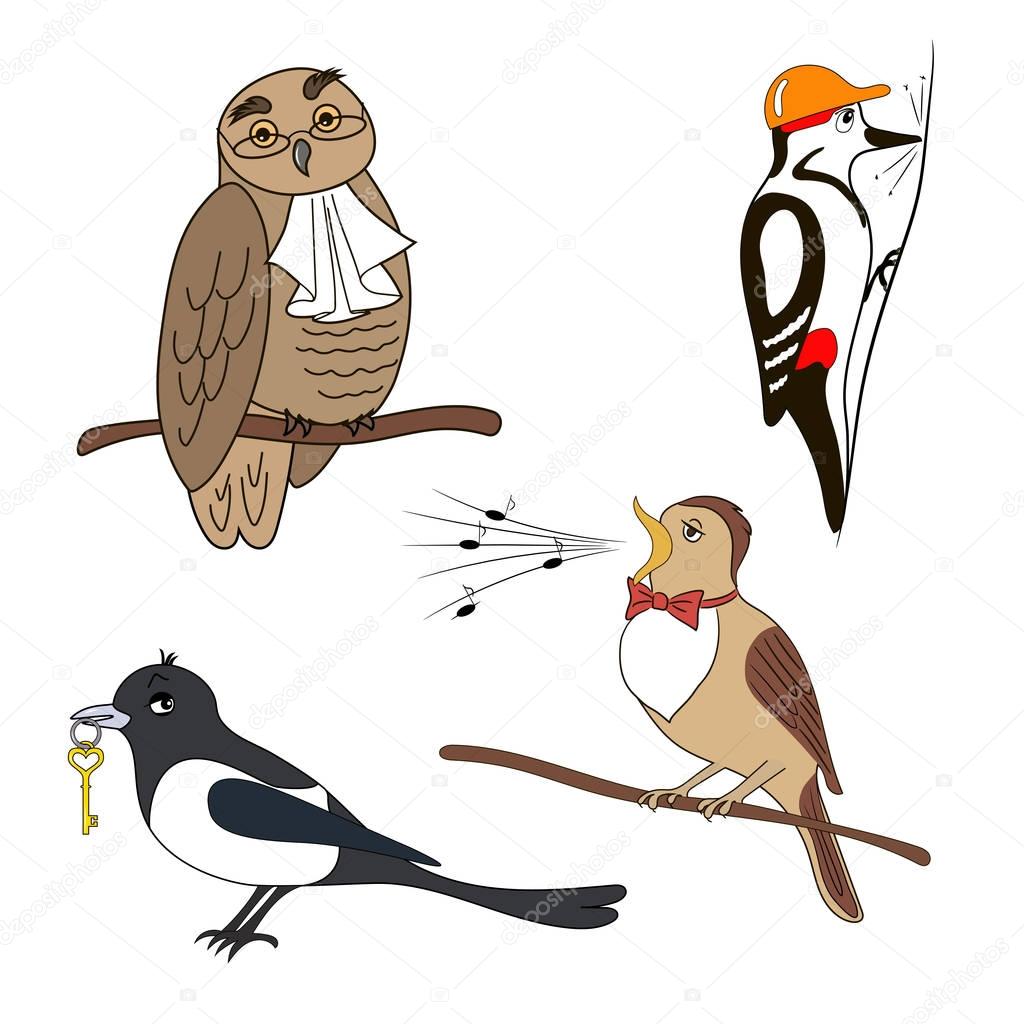 Set of cartoon birds. Owl, woodpecker magpie nightingale