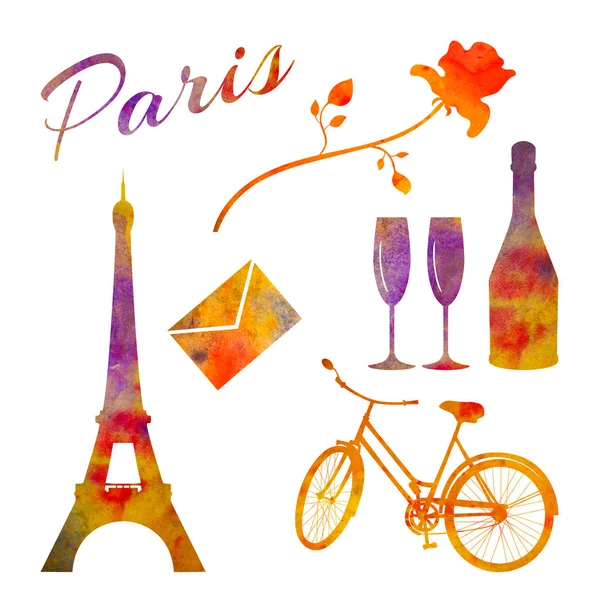 París. Conjunto de objetos acuarela. Torre, bicicleta, rosa, botella, etc. . — Foto de Stock