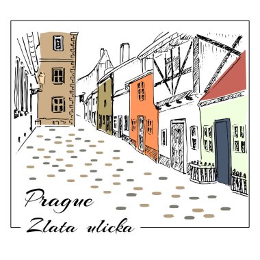 Prag. Renkli elle çizilmiş kroki çizimi. Zlata ulicka - Golden street.