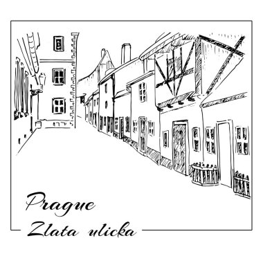 Prag. Vektör el çizilmiş kroki. Zlata ulicka - Golden street.