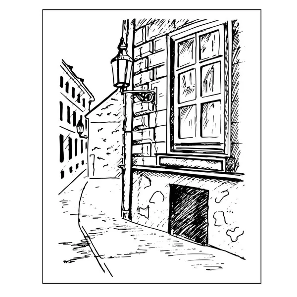 Eski şehir sokak. Pencere ve fener. Elle çizilmiş kroki — Stok Vektör