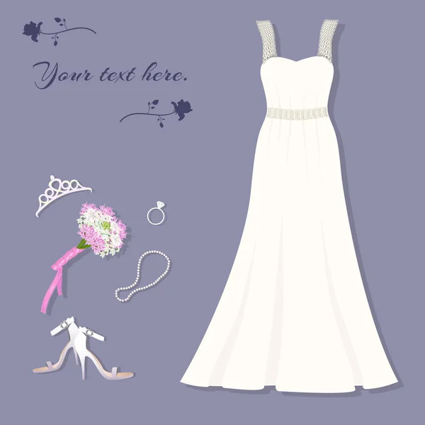 La mariée est prête. Robe de mariée, diadème, bague, chaussures, bouquet, collier . — Image vectorielle