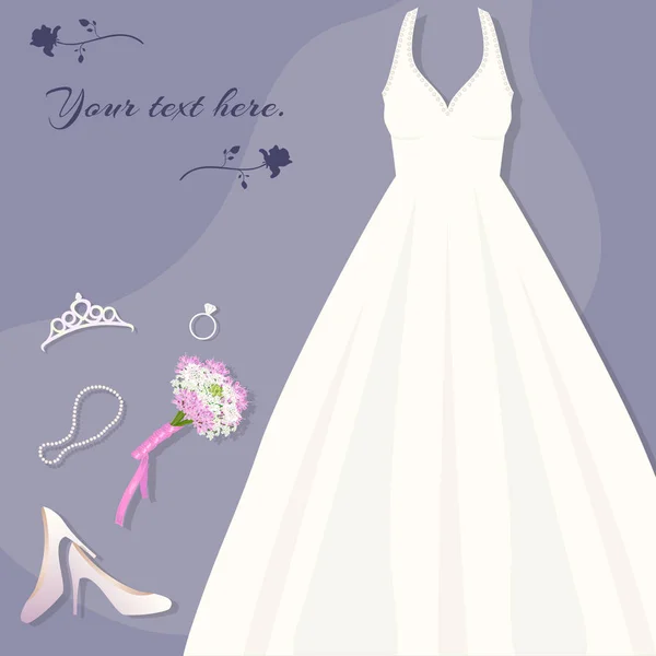 A noiva está pronta. Vestido de noiva, tiara, anel, sapatos colar bouquet — Vetor de Stock