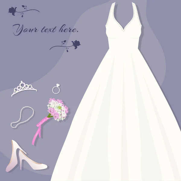 La mariée est prête. Robe de mariée, diadème, bague, collier de bouquet de chaussures — Image vectorielle