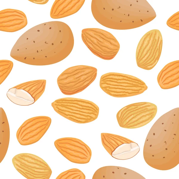Almond peeled nuts seamless pattern. Whole and halves — Stock Vector