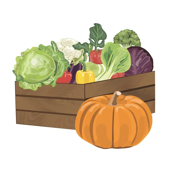 Boîte en bois avec légumes — Image vectorielle