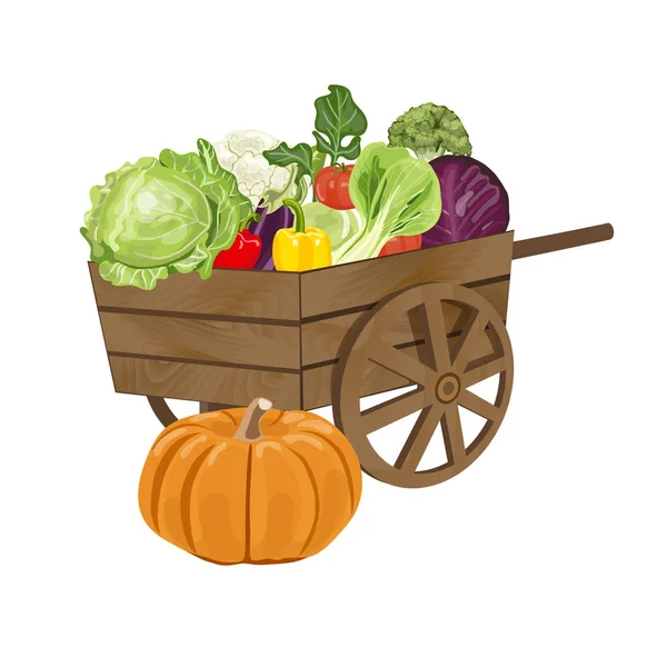 Wooden cart with vegetables. — Stock Vector